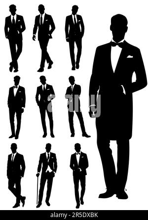 Set di eleganti signori in un abito alla moda. Illustrazione vettoriale in bianco e nero Illustrazione Vettoriale