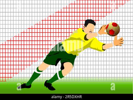 Portiere del giocatore di calcio che cattura la silhouette della palla. 3D immagine vettoriale a colori Illustrazione Vettoriale
