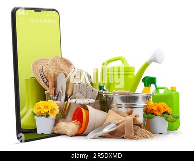 Attrezzatura per il giardinaggio da smartphone, isolata su sfondo bianco, negozio web per il giardinaggio per lo shopping online. Banner e-commerce giardinaggio, fiorista Foto Stock