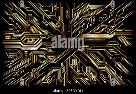 Sfondo della moderna scheda a circuito stampato interconnessa tecnologia digitale modello scimp componente oro in nero Illustrazione Vettoriale