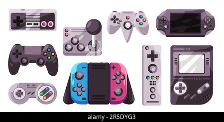 Console controller di gioco set collezione illustrazione switch e tecnologia di controllo remoto per videogiochi elettronici Illustrazione Vettoriale