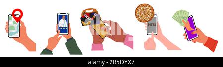 Set di mani che tengono diverse app per smartphone. Illustrazione Vettoriale