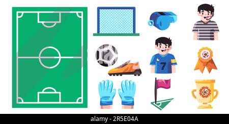 Calcio calcio oggetto collezione icona set cartone animato scarpe fischio campo trofeo bandiera maglia palla e arbitro giocatore partita campionato Illustrazione Vettoriale