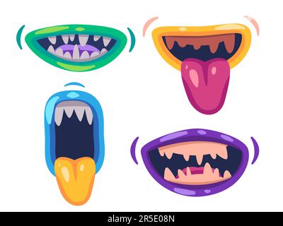 monster bocca viola blu giallo e verde collezione di colori spaventoso male creepy espressione horror Illustrazione Vettoriale