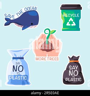 salvare l'oceano riciclare più alberi e dire no alla plastica salvare terra poster illustrazione sticker design Illustrazione Vettoriale