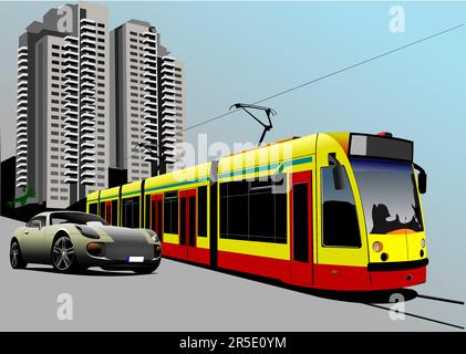 Coupé auto grigia e tram cittadino sulla strada. Illustrazione del vettore 3D Illustrazione Vettoriale