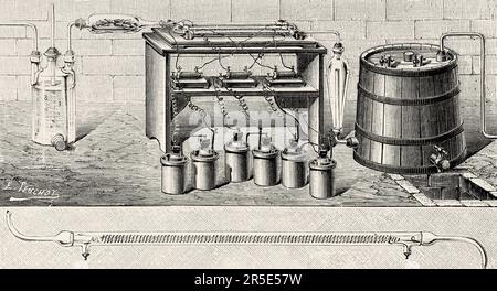 Disinfezione del flemma alcolico e invecchiamento degli spiriti con ossone. Apparecchiatura per la rettifica degli alcoli. Antica incisione del 19th ° secolo da la Nature 1887 Foto Stock