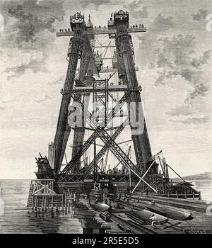 Costruzione del Forth Bridge, un ponte ferroviario a sbalzo attraverso il Firth of Forth nella parte orientale della Scozia, 7 marzo 1887. Antica incisione del 19th ° secolo da la Nature 1887 Foto Stock