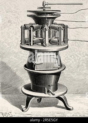 Generatore piromagnetico Edison. Antica incisione del 19th ° secolo da la Nature 1887 Foto Stock