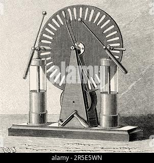 La macchina Wimshurst è un generatore elettrostatico, una macchina per la generazione di alte tensioni sviluppata dall'inventore britannico James Wimshurst (1832–1903) incisione del 19th° secolo da la Nature 1887 Foto Stock
