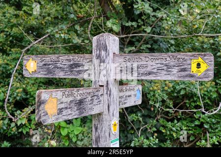 Cartello in legno su South Downs Way nell'East Sussex. Foto Stock