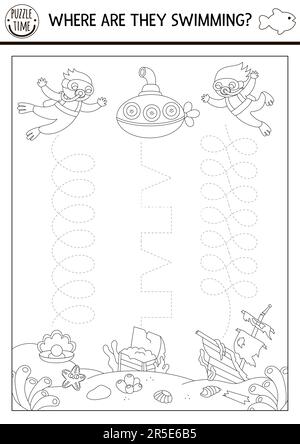Foglio di lavoro di esercitazione di scrittura a mano Vector Under the Sea. Attività in bianco e nero stampabile Ocean LIFE per bambini in età prescolare. Gioco di tracciamento per scrivere sk Illustrazione Vettoriale