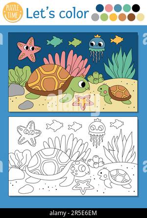 Sotto la pagina di colorazione mare per bambini con scena subacquea tartaruga. Illustrazione vettoriale della vita oceanica. Libro a colori per bambini con esame a colori Illustrazione Vettoriale