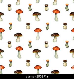 Motivo acquerello senza cuciture con funghi commestibili rossi e porcini boletus grandi e piccoli. Illustrazione isolata disegnata a mano su sfondo bianco Foto Stock