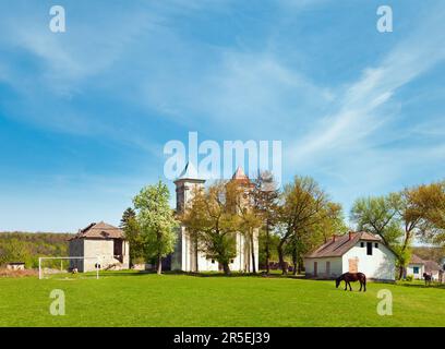 Chiesa dell'Annunciazione della Beata Vergine Maria (villaggio di Sydoriv, regione di Ternopil, Ucraina, costruito nel 1726-1730) e campo da calcio. Foto Stock