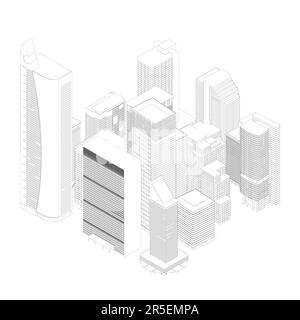 Il profilo di molti edifici a più piani dalle linee nere isolate su uno sfondo bianco. Profilo del quartiere della città. Vista isometrica. 3D. Vettore il Illustrazione Vettoriale