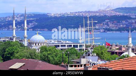 Vista dall'alto della moschea di Dolmabahe con il fiume Bosforo o lo stretto del Bosforo alle sue spalle, a Istanbul, in Turchia o nella Repubblica di Türkiye. Foto Stock