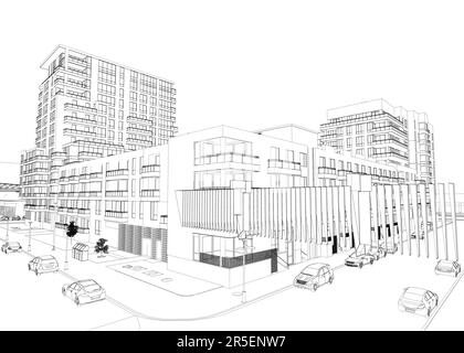 Profilo della città con case, strade e automobili da linee nere isolate su uno sfondo bianco. Vista prospettica. 3D. Illustrazione vettoriale. Illustrazione Vettoriale