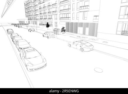 Profilo della città con case, strade e automobili da linee nere isolate su uno sfondo bianco. Vista prospettica. 3D. Illustrazione vettoriale. Illustrazione Vettoriale