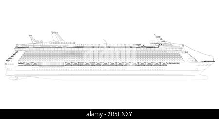 Profilo di un grande incrociatore multi-ponte da linee nere isolate su uno sfondo bianco. Vista laterale. 3D. Illustrazione vettoriale. Illustrazione Vettoriale