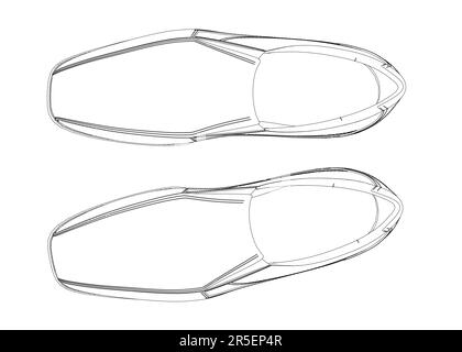 Contorno delle scarpe da uomo dalle linee nere isolate su sfondo bianco. Vista dall'alto. 3D. Illustrazione vettoriale. Illustrazione Vettoriale