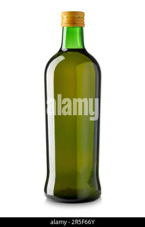 Olio extravergine di oliva in bottiglia di vetro verde isolato su bianco con percorso di taglio incluso Foto Stock