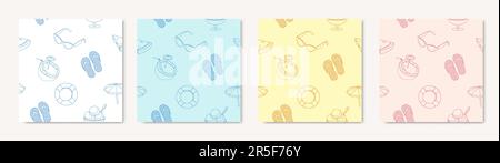 Set di quattro schemi quadrati senza cuciture in semplici elementi della spiaggia estiva isolati su sfondo semplice. Buono per decorazione, carta da imballaggio. Foto Stock