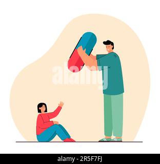 Uomo medico che dà pillola per sconvolgere la donna depressa Illustrazione Vettoriale
