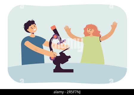 Bambini che giocano con il microscopio in esperimenti scientifici Illustrazione Vettoriale