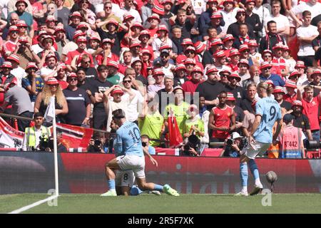 Wembley Stadium, Londra, Regno Unito. 3rd giugno, 2023. Fa Cup Final Football, Manchester City contro Manchester United; Ilkay Gundogan di Manchester City festeggia dopo aver ottenuto 1-0 in 13 secondi Credit: Action Plus Sports/Alamy Live News Foto Stock