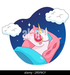 Unicorn personaggio cartone animato che dorme in letto adesivo Illustrazione Vettoriale