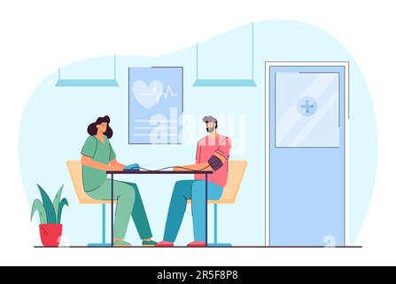 Cartoon cardiologo che prende la pressione sanguigna di un malato in ufficio Illustrazione Vettoriale