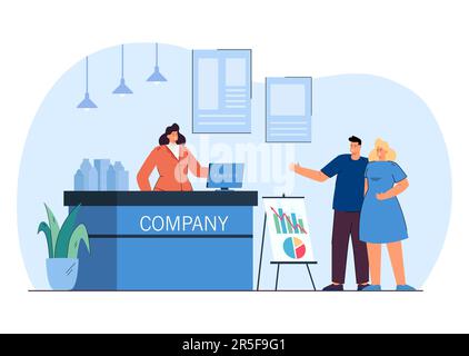 Clienti che si trovano al banco informazioni dell'evento di fiera Illustrazione Vettoriale