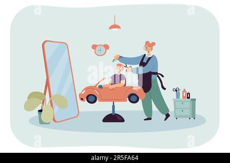 Bambino seduto su sedia auto di fronte allo specchio nel barbiere Illustrazione Vettoriale