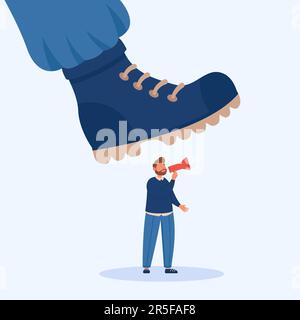 Uomo di cartone animato che parla nel megafono sotto la scarpa gigante Illustrazione Vettoriale