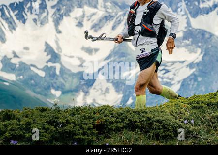 atleta runner corsa skyrunning pista su prato verde in background neve montagna, bastoni da trekking in mano Foto Stock