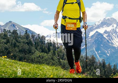 atleta runner corsa di maratona skyrunning in background montagna innevata, bastoni da trekking in mano Foto Stock