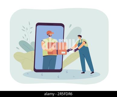 Corriere maschile che consegna il pacco al tecnico attraverso un telefono enorme Illustrazione Vettoriale