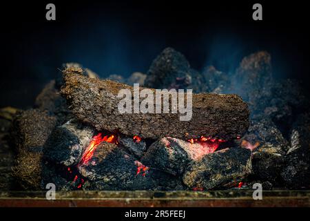 Fuoco di torba in un forno per distilleria di whisky presso la distilleria Kilchoman, Islay, Scozia Foto Stock