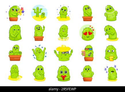 Carino verde cactus cartoon personaggi adesivi set Illustrazione Vettoriale