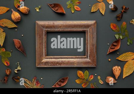 Composizione autunnale-invernale con cornice vintage, foglie secche, corteccia di alberi e bacche su fondo scuro. Giacitura piatta, spazio di copia. Foto Stock