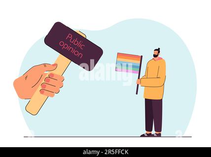 Uomo con bandiera lgbt sotto martello con titolo di opinione pubblica Illustrazione Vettoriale