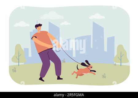 Proprietario di cartone animato che tira sul guinzaglio di cane sulla camminata Illustrazione Vettoriale