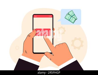 Mano dell'uomo d'affari che tocca il tasto di vendita sullo schermo del telefono cellulare Illustrazione Vettoriale