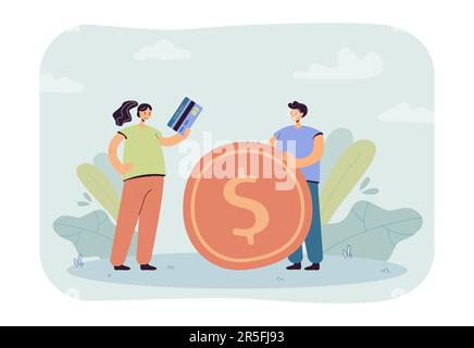 Gente piccola che tiene la moneta dorata e la carta di credito Illustrazione Vettoriale