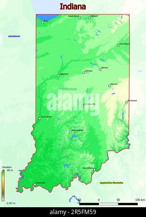 La mappa fisica dell'Indiana mostra le caratteristiche di forma landform quali montagne, colline, pianure, ponti, fiumi, laghi Foto Stock