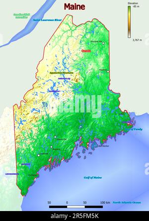 La mappa fisica del Maine mostra caratteristiche di forma landform come montagne, colline, pianure, ponti, fiumi, laghi Foto Stock