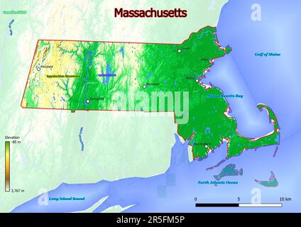 La mappa fisica del Massachusetts mostra caratteristiche di forma landform come montagne, colline, pianure, ponti, fiumi, laghi Foto Stock
