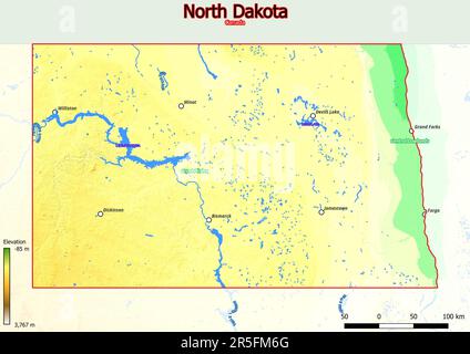 Mappa fisica del North Dakota con montagne, pianure, ponti, fiumi, laghi, montagne, città Foto Stock