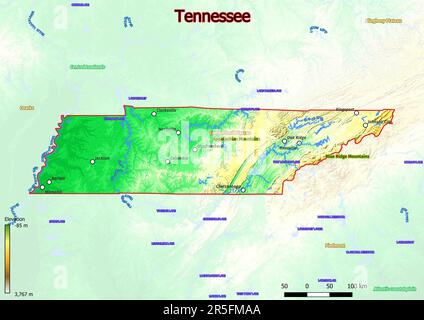 Mappa fisica del Tennessee con montagne, pianure, ponti, fiumi, laghi, montagne, città Foto Stock